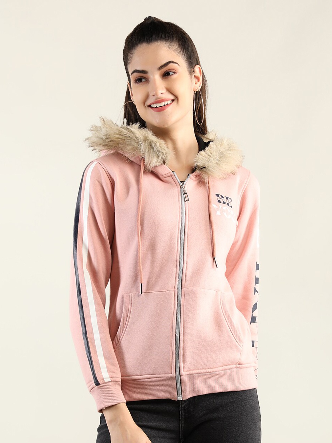 

PROTEX Women Peach-Coloured Printed Cotton Hooded Sweatshirt