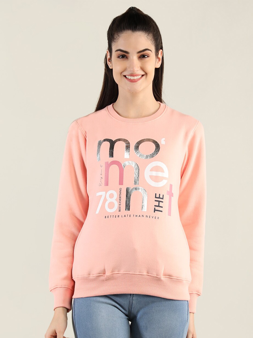 

PROTEX Women Peach-Coloured Printed Cotton Sweatshirt