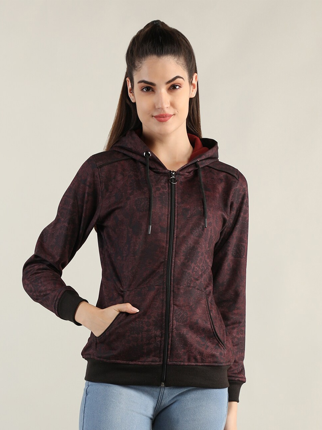 

PROTEX Women Maroon Printed Cotton Hooded Sweatshirt