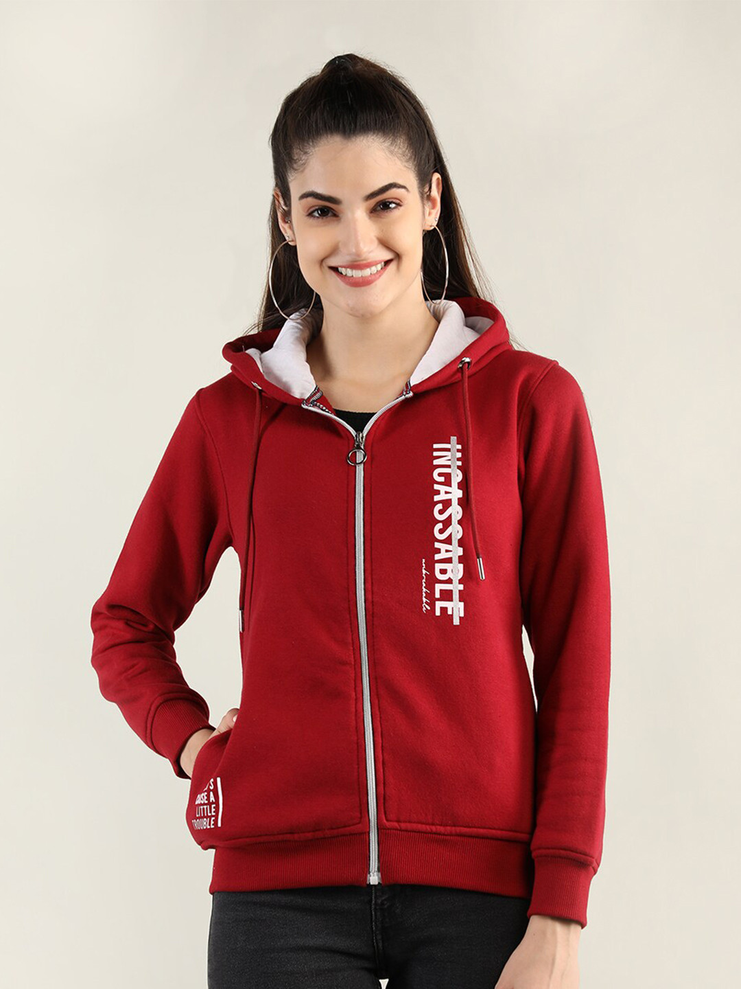 

PROTEX Women Maroon Printed Cotton Hooded Sweatshirt