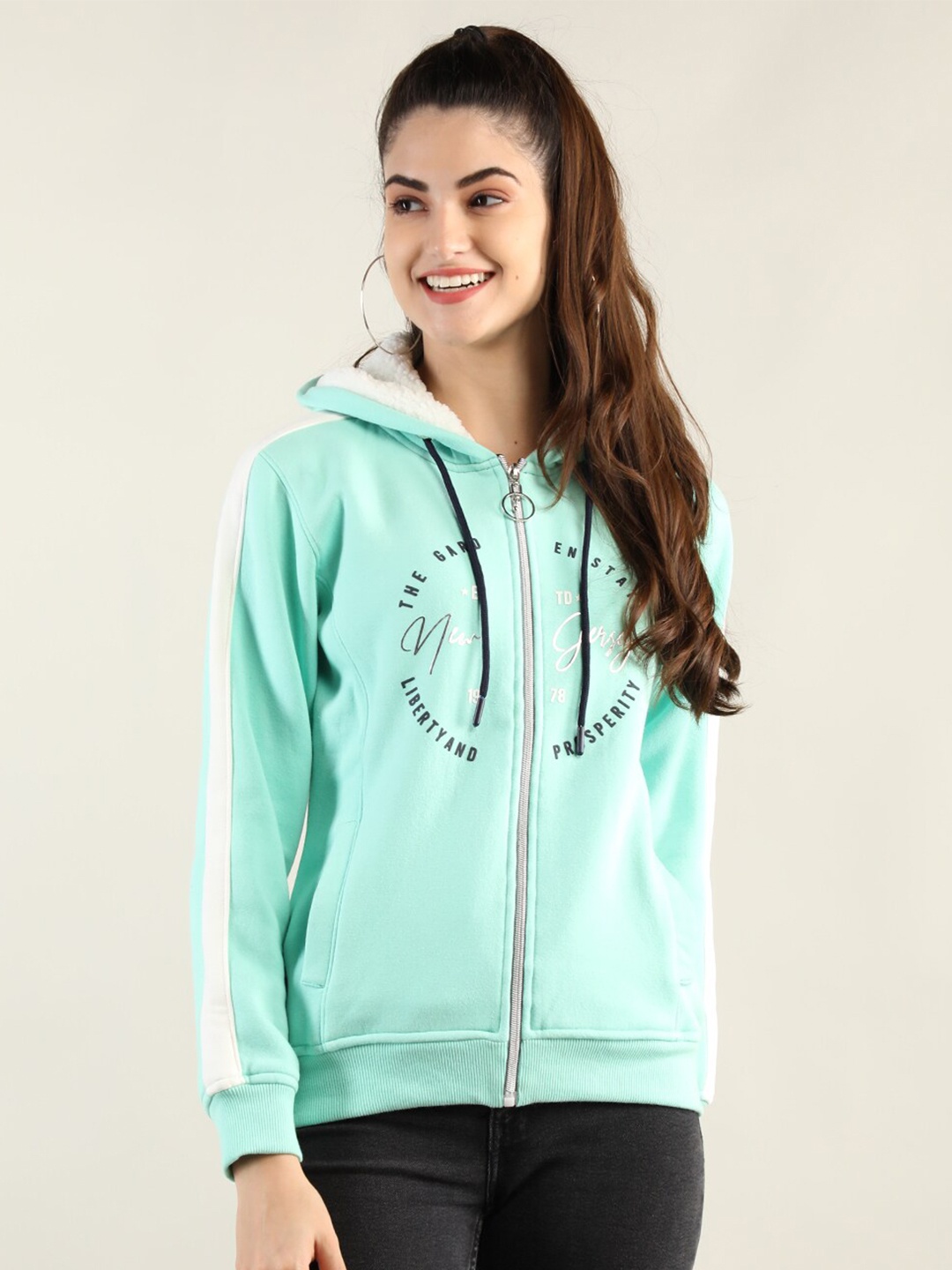 

PROTEX Women Green Printed Cotton Hooded Sweatshirt