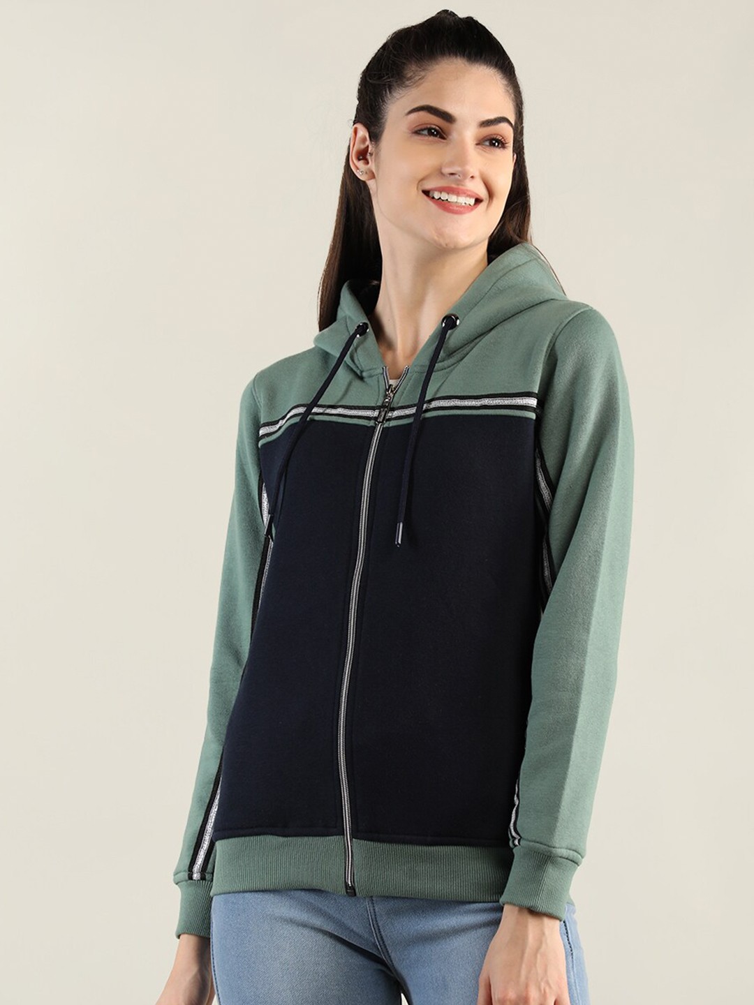 

PROTEX Women Olive Green Colourblocked Cotton Hooded Sweatshirt