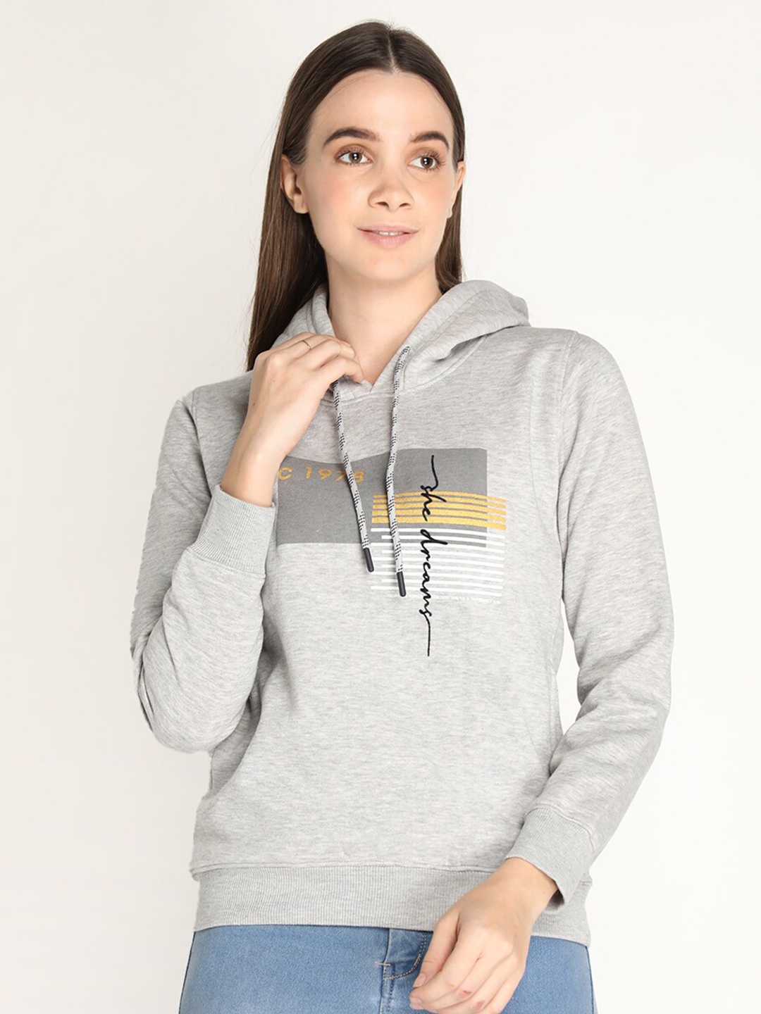 

PROTEX Women Grey Printed Cotton Hooded Sweatshirt