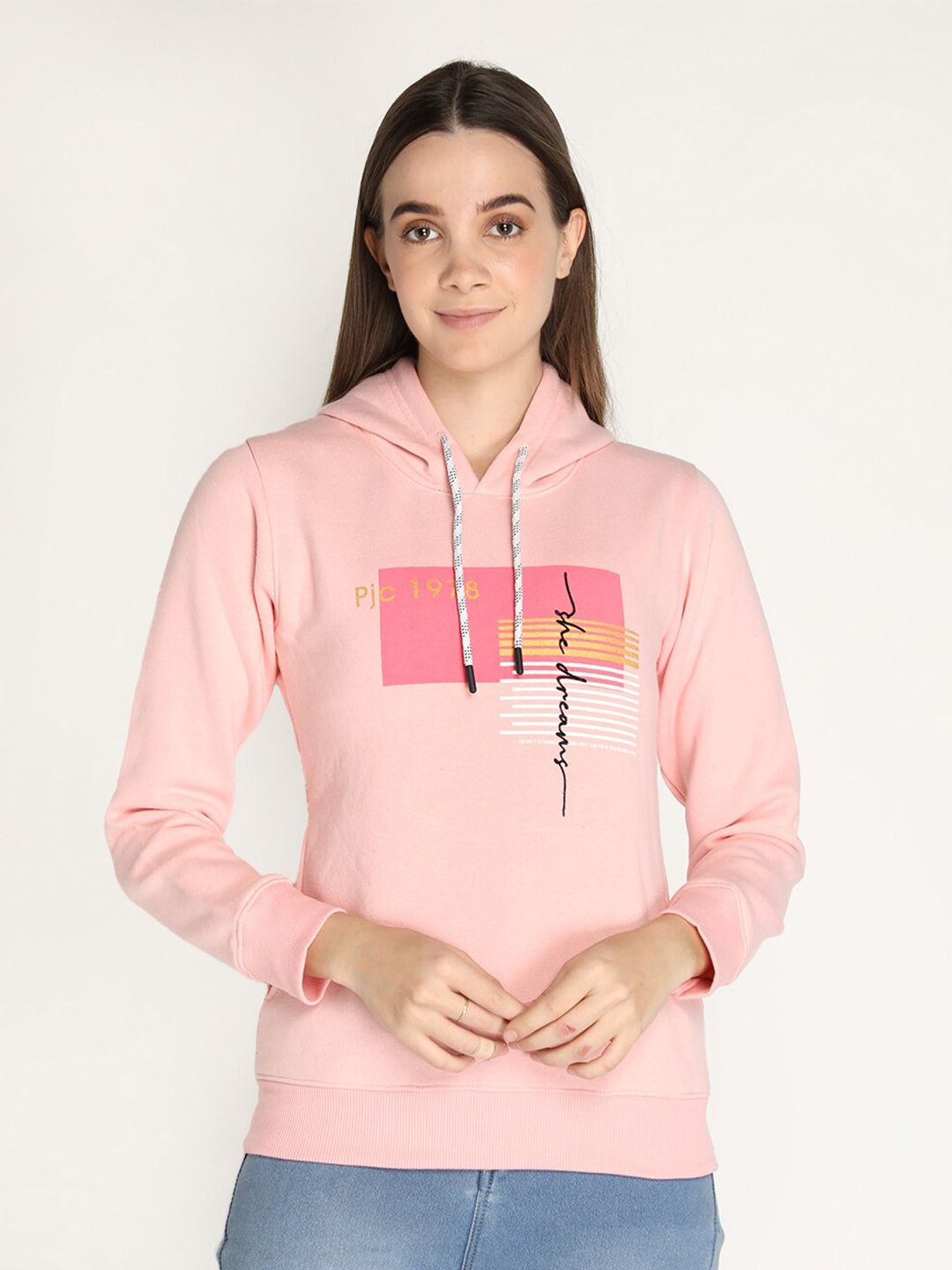 

PROTEX Women Pink Printed Cotton Hooded Sweatshirt
