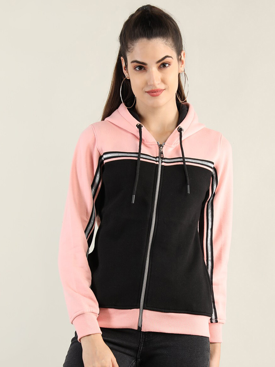 

PROTEX Women Pink Colourblocked Cotton Hooded Sweatshirt