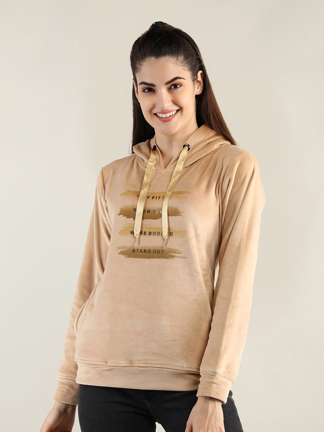 

PROTEX Women Camel Brown Printed Hooded Sweatshirt