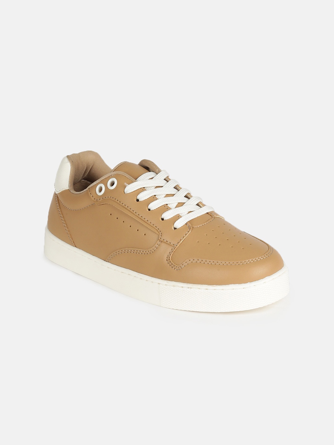 

Tokyo Talkies Women Perforations PU Lace-Up Casual Sneakers, Camel brown