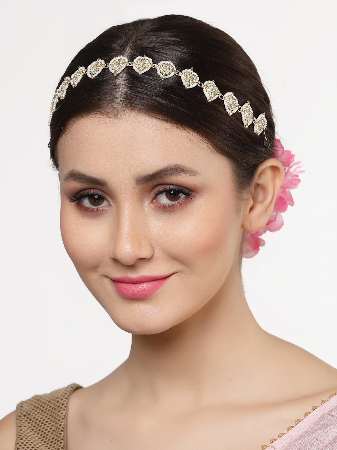 

Sanjog Gold-Plated White Kundan-Studded & Pearl Studded Head Chain Matha Patti