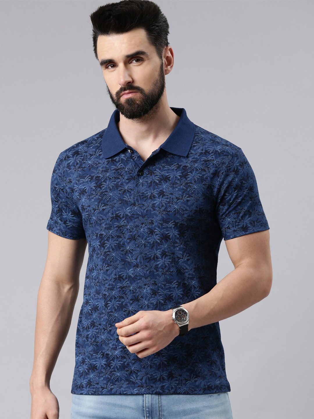 

Kryptic Men Printed Pure Cotton Polo T-shirt, Blue