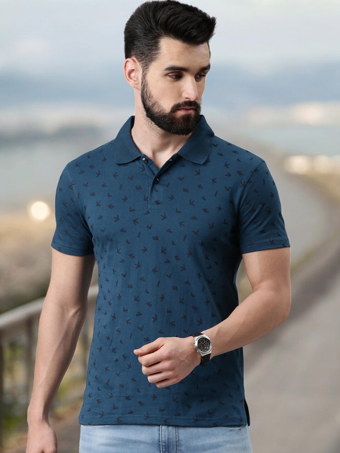 

Kryptic Men Printed Polo Collar Pure Cotton T-shirt, Teal