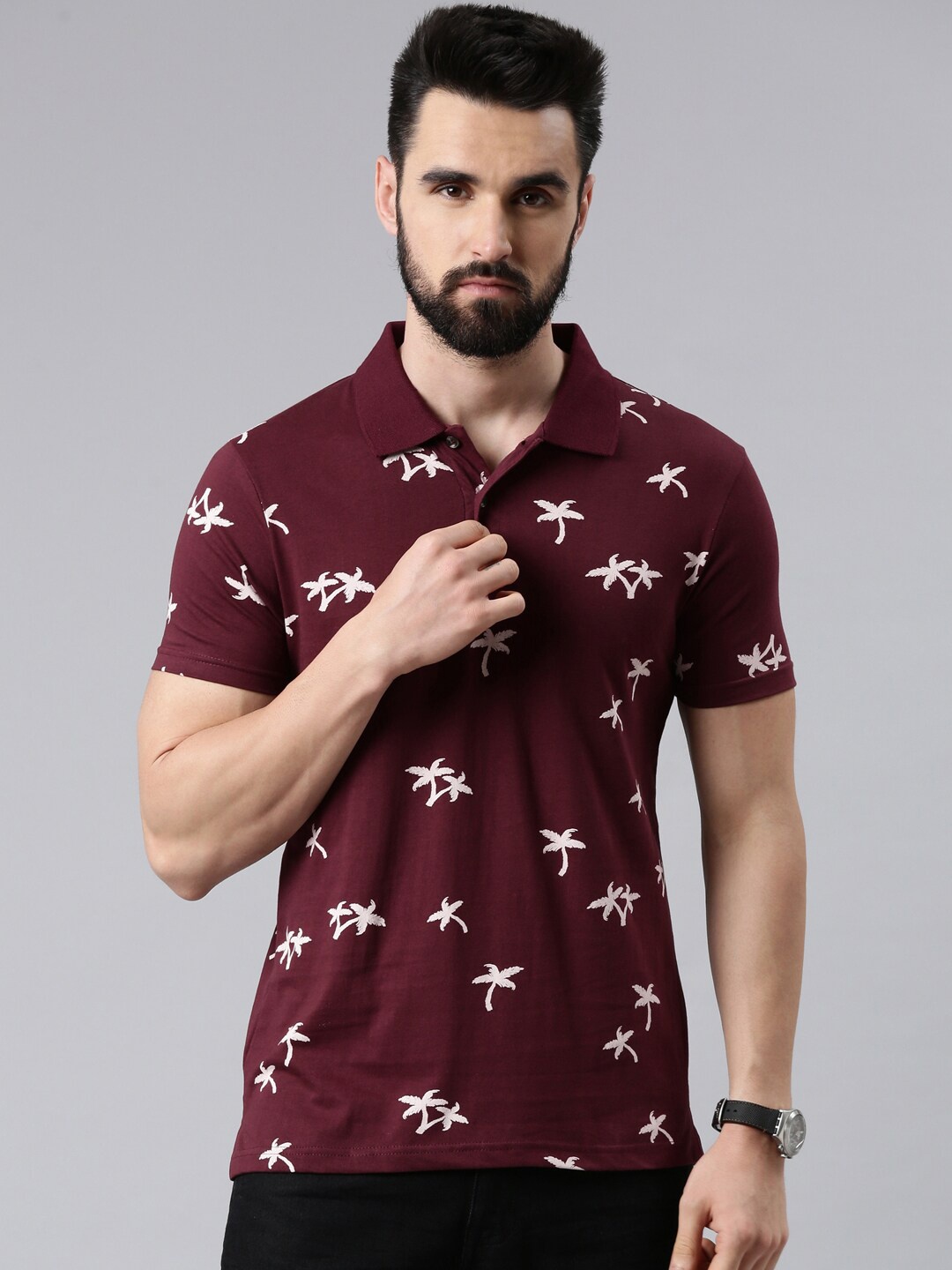 

Kryptic Men Maroon Floral Printed Polo Collar Tropical Cotton T-shirt