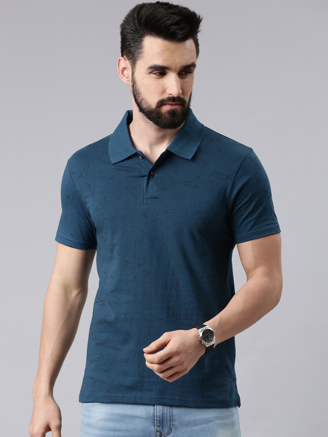 

Kryptic Men Printed Polo Collar Pure Cotton T-shirt, Teal