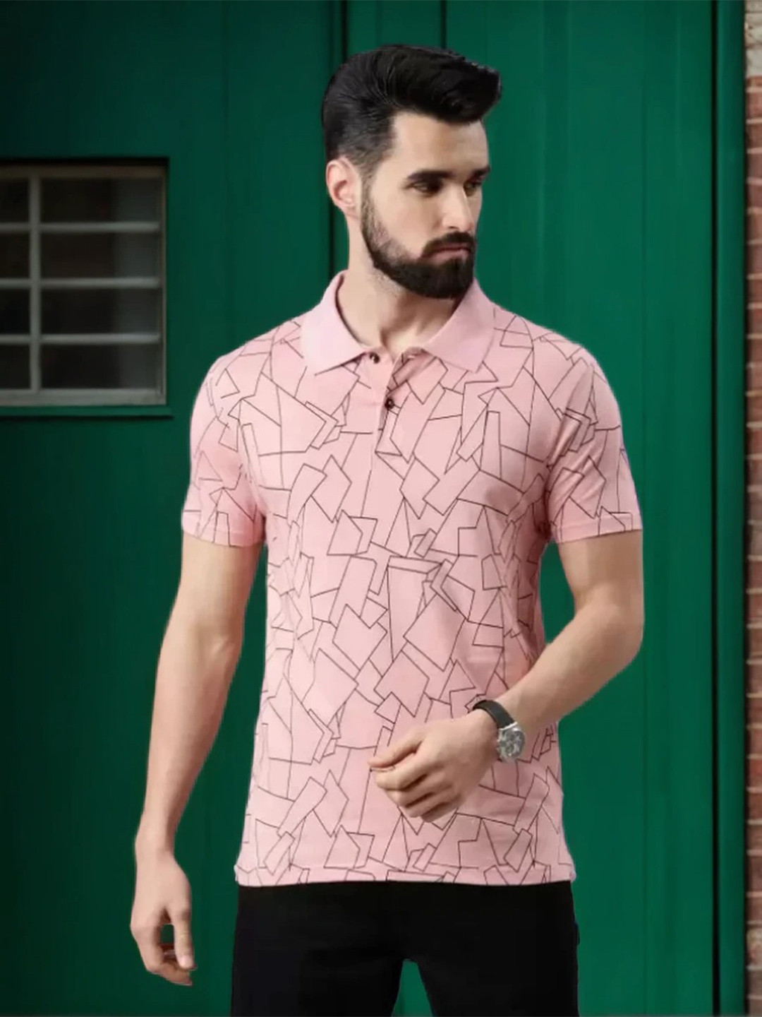

Kryptic Men Printed Polo Collar Pure Cotton T-shirt, Pink