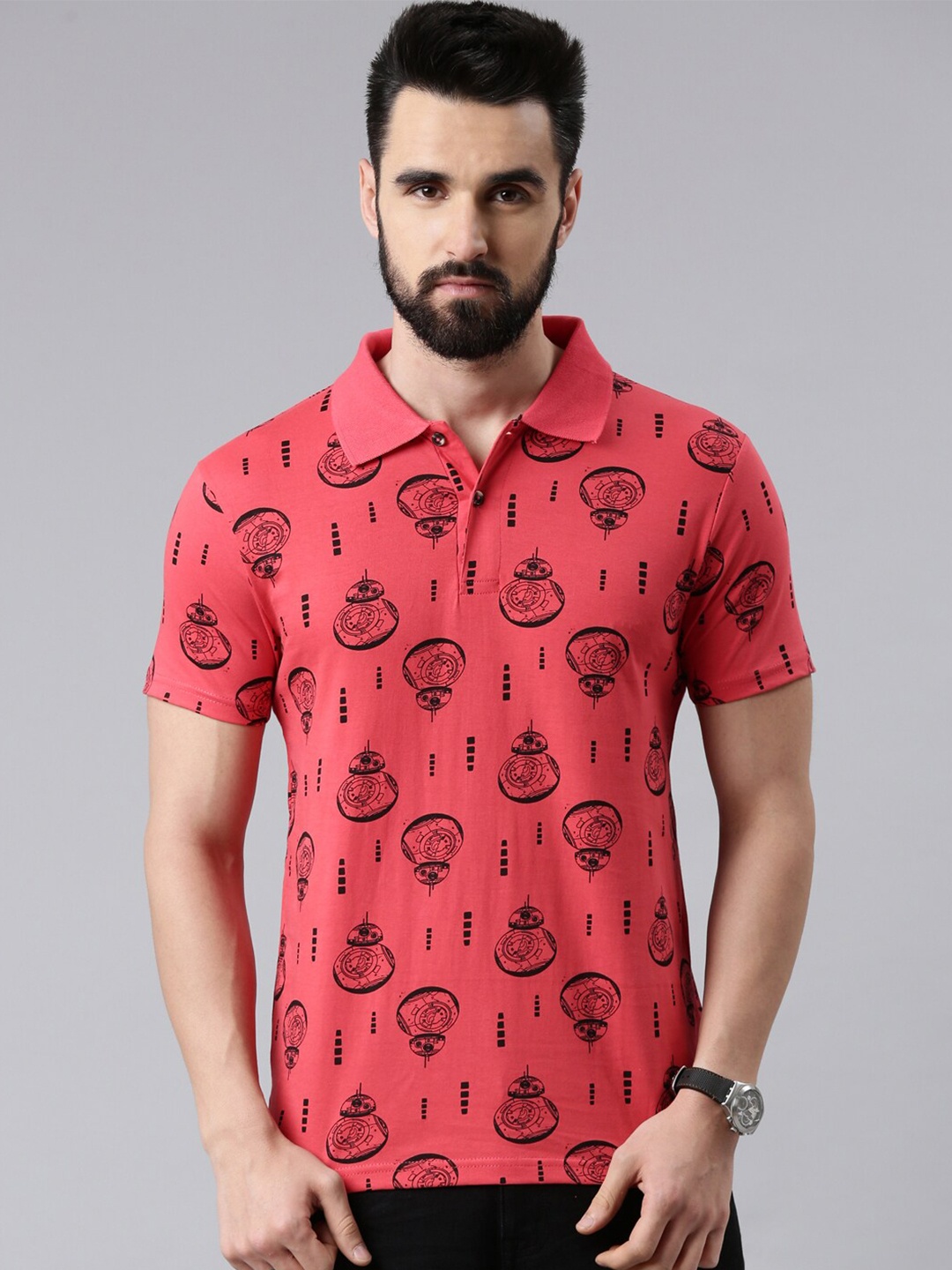 

Kryptic Men Pink Printed Polo Collar Cotton T-shirt