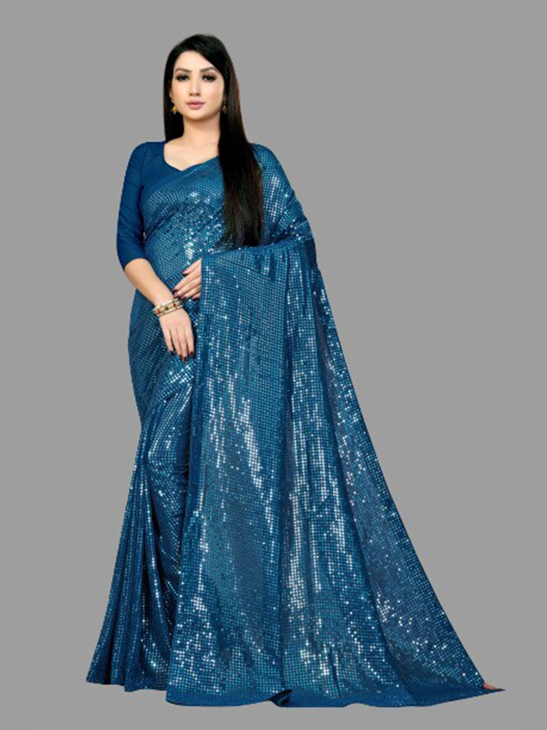 

CLEMIRA Teal Printed Embellished Sequinned Designer Saree