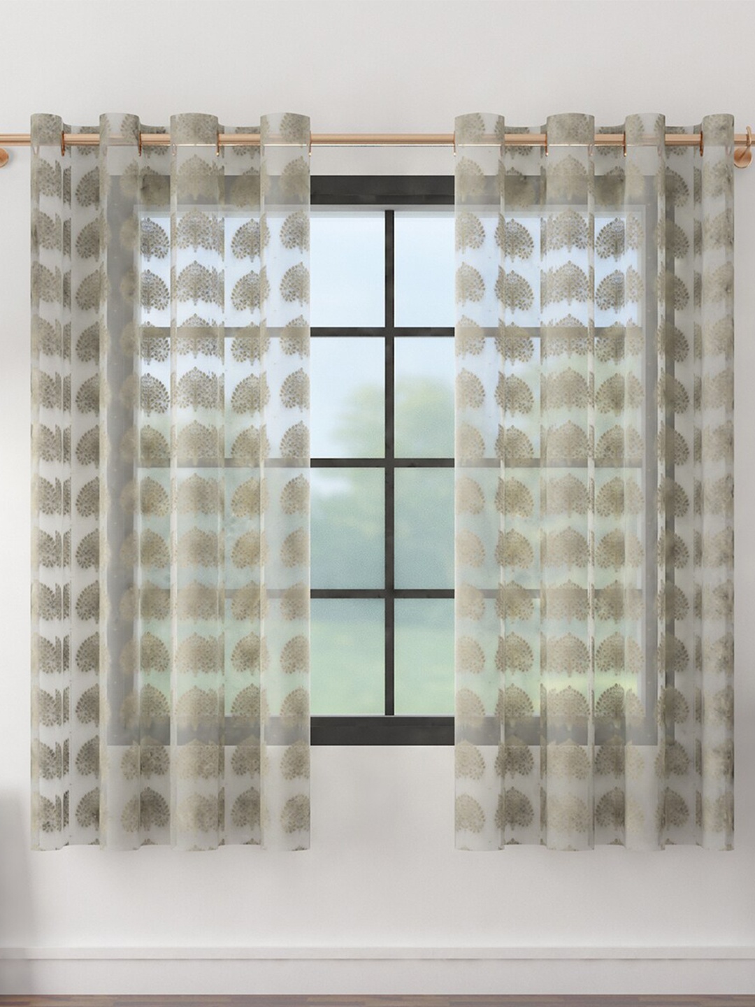 

HomeTown Set of 2 Off White & Gold-Toned Embellished Sheer Window Curtain