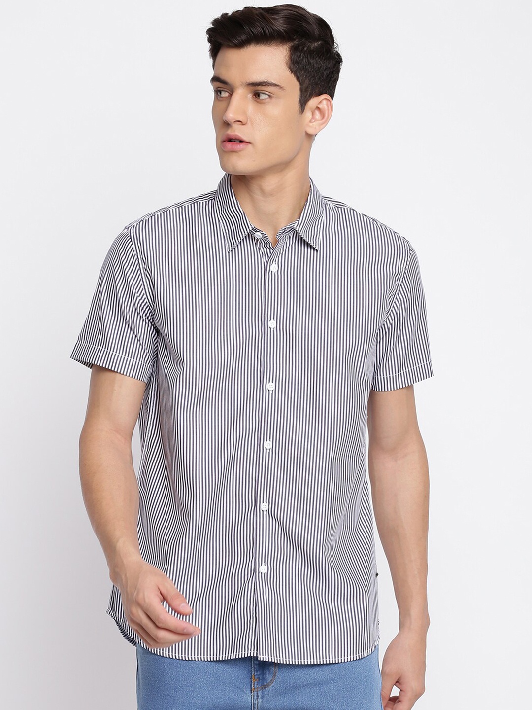 

abof Men Grey Slim Fit Striped Cotton Casual Shirt