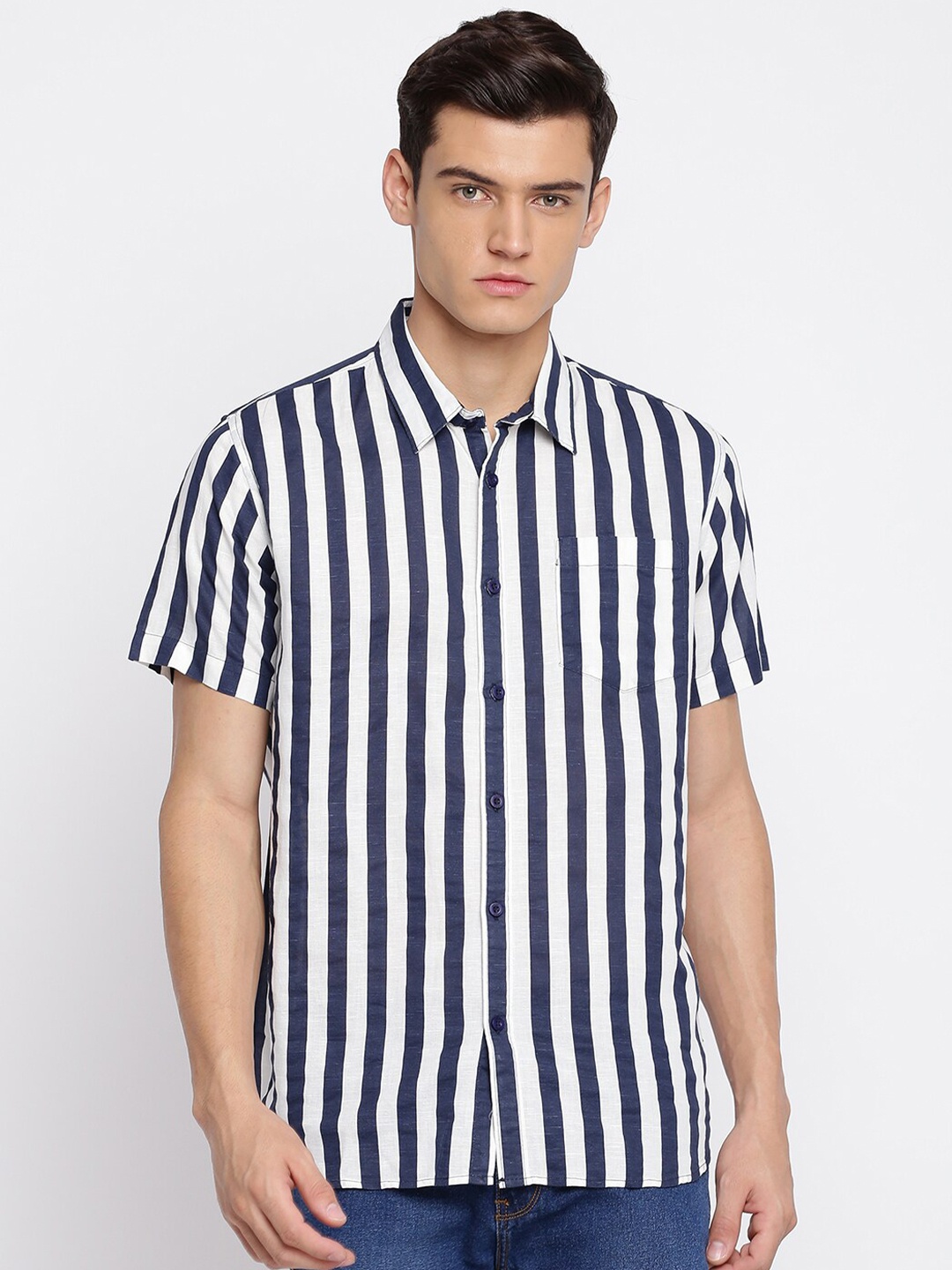

abof Men White Slim Fit Striped Cotton Casual Shirt