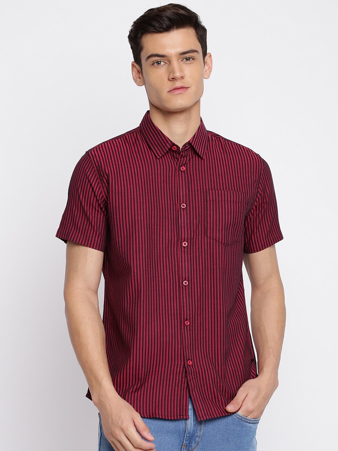 

Abof Men Maroon And Black Slim Fit Striped Cotton Casual Shirt