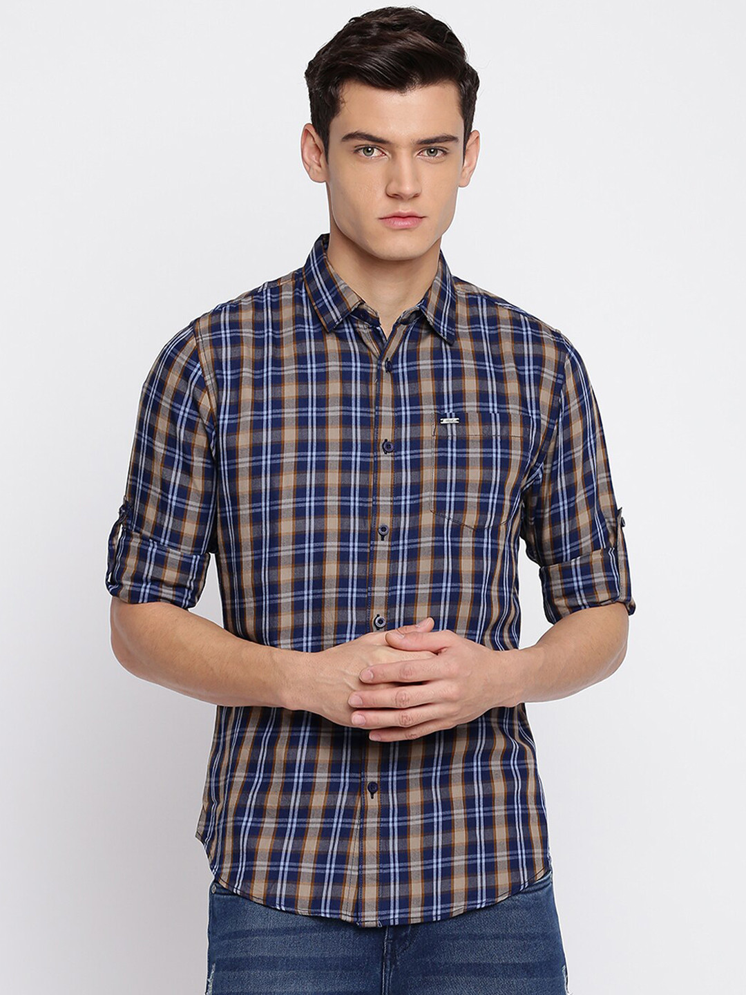 

abof Men Blue Slim Fit Tartan Checks Checked Cotton Casual Shirt