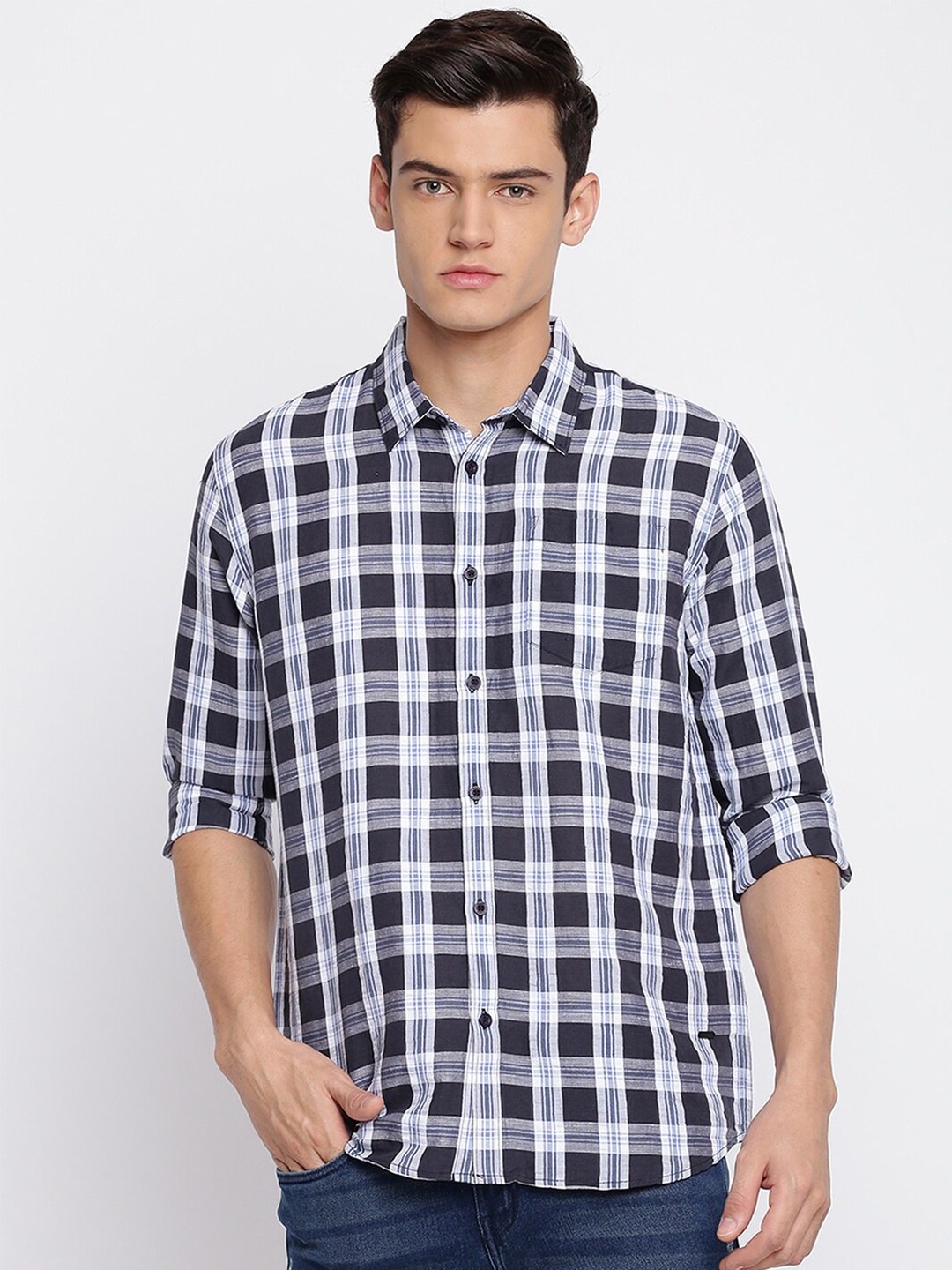 

abof Men Navy Blue Slim Fit Tartan Checks Checked Cotton Casual Shirt
