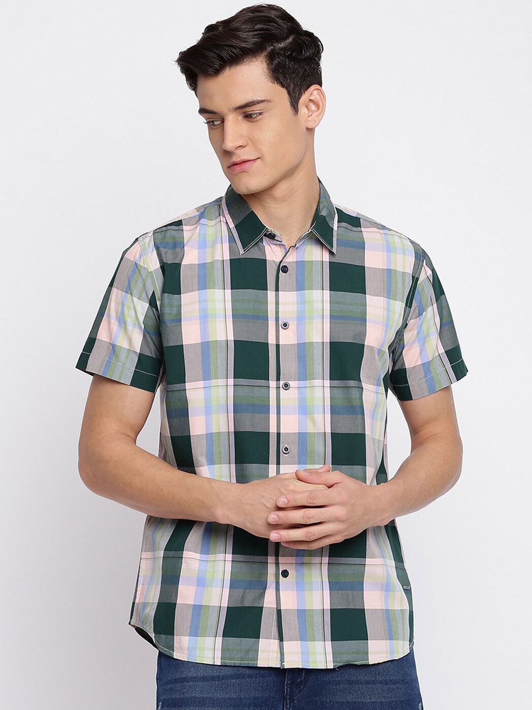 

abof Men Green Slim Fit Tartan Checks Checked Cotton Casual Shirt