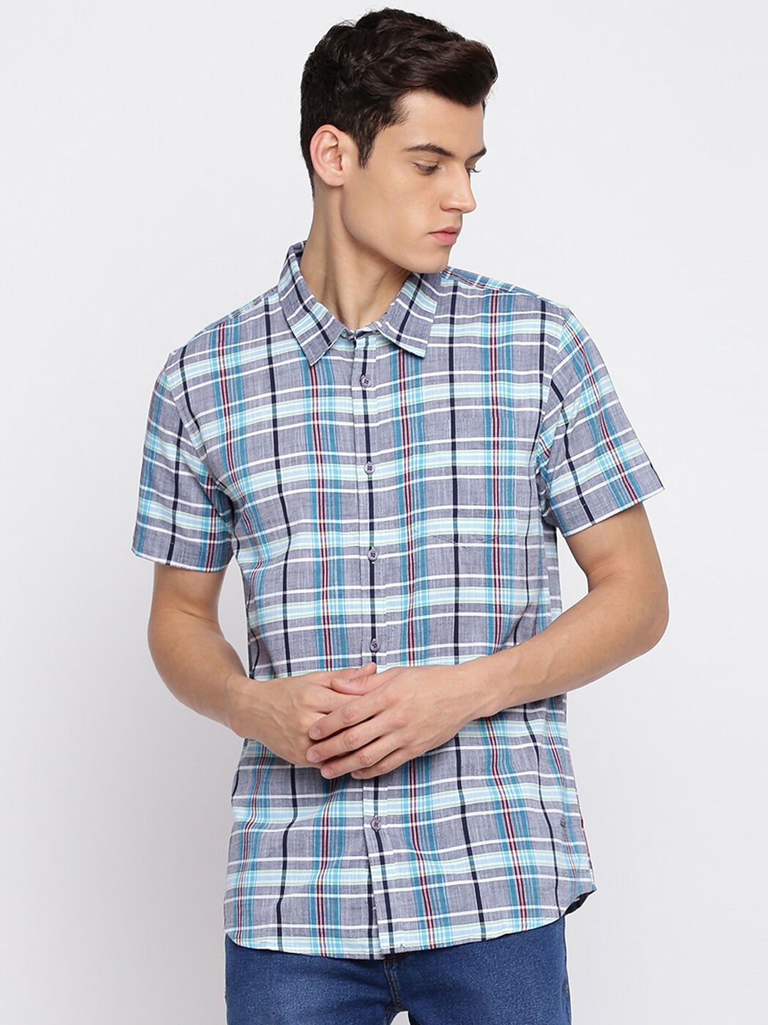 

abof Men Blue Slim Fit Tartan Checks Checked Casual Shirt