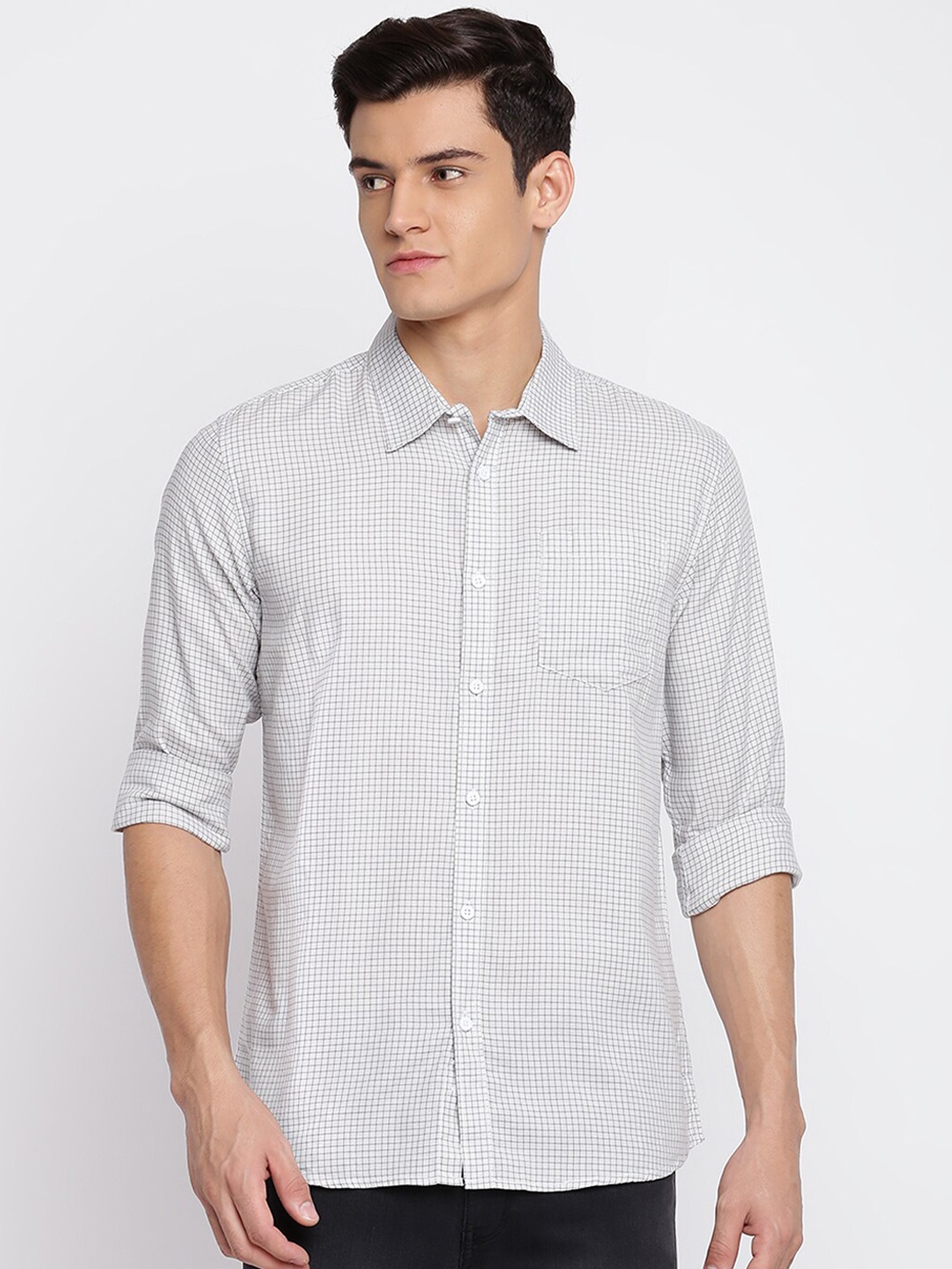 

abof Men Off White Slim Fit Micro Checks Checked Cotton Casual Shirt