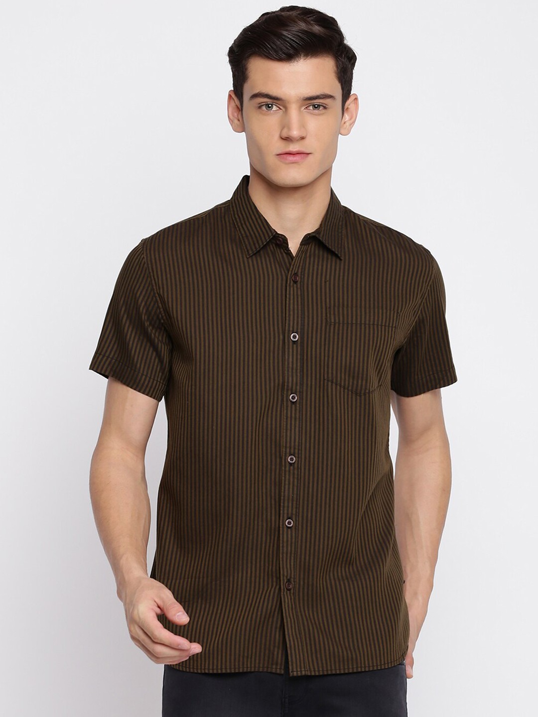 

abof Men Coffee Brown Slim Fit Striped Cotton Casual Shirt