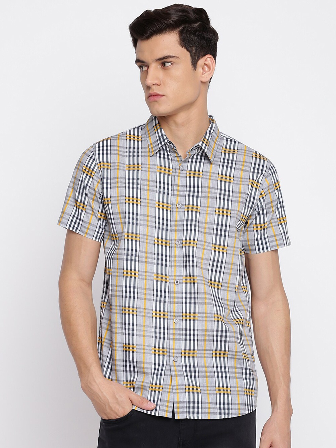 

abof Men Grey Slim Fit Tartan Checks Checked Cotton Casual Shirt