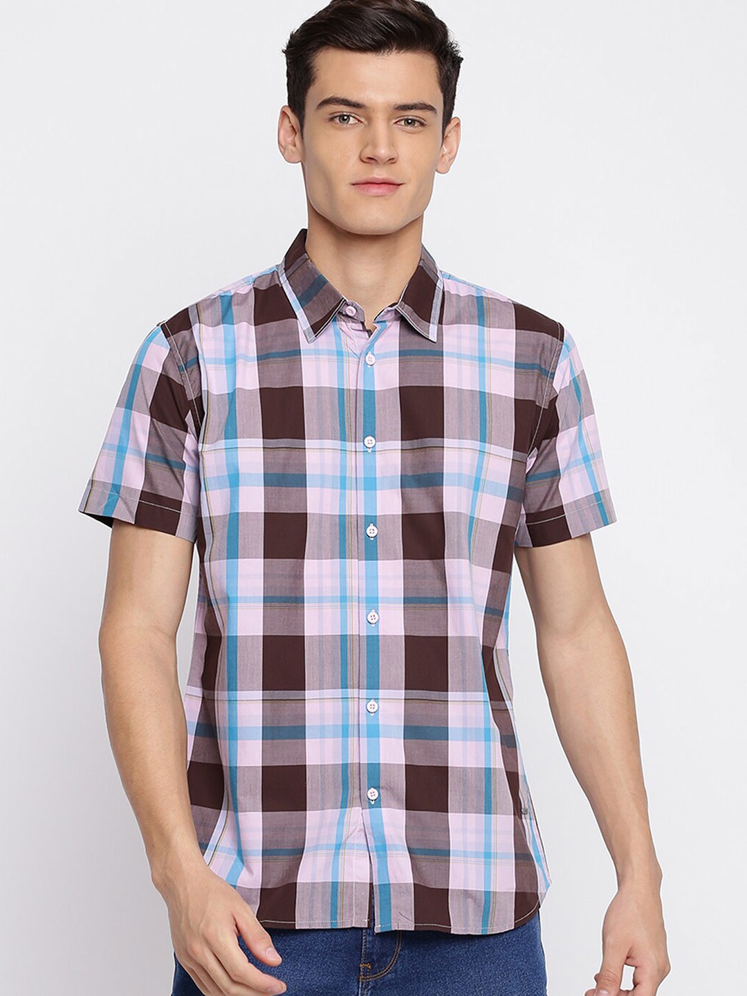 

abof Men Brown Slim Fit Tartan Checks Checked Cotton Casual Shirt