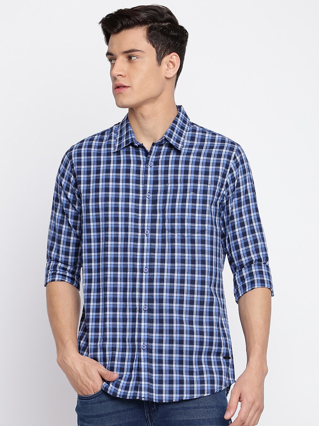 

abof Men Blue Slim Fit Tartan Checks Checked Cotton Casual Shirt
