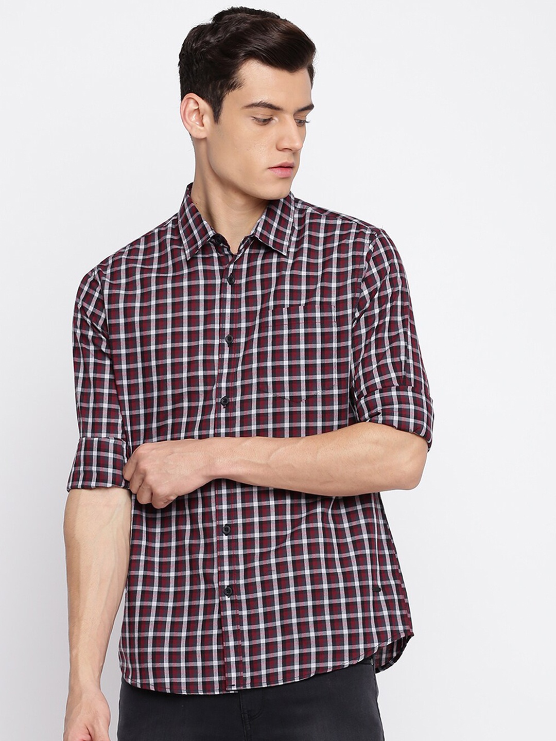 

abof Men Maroon Slim Fit Tartan Checks Checked Casual Shirt