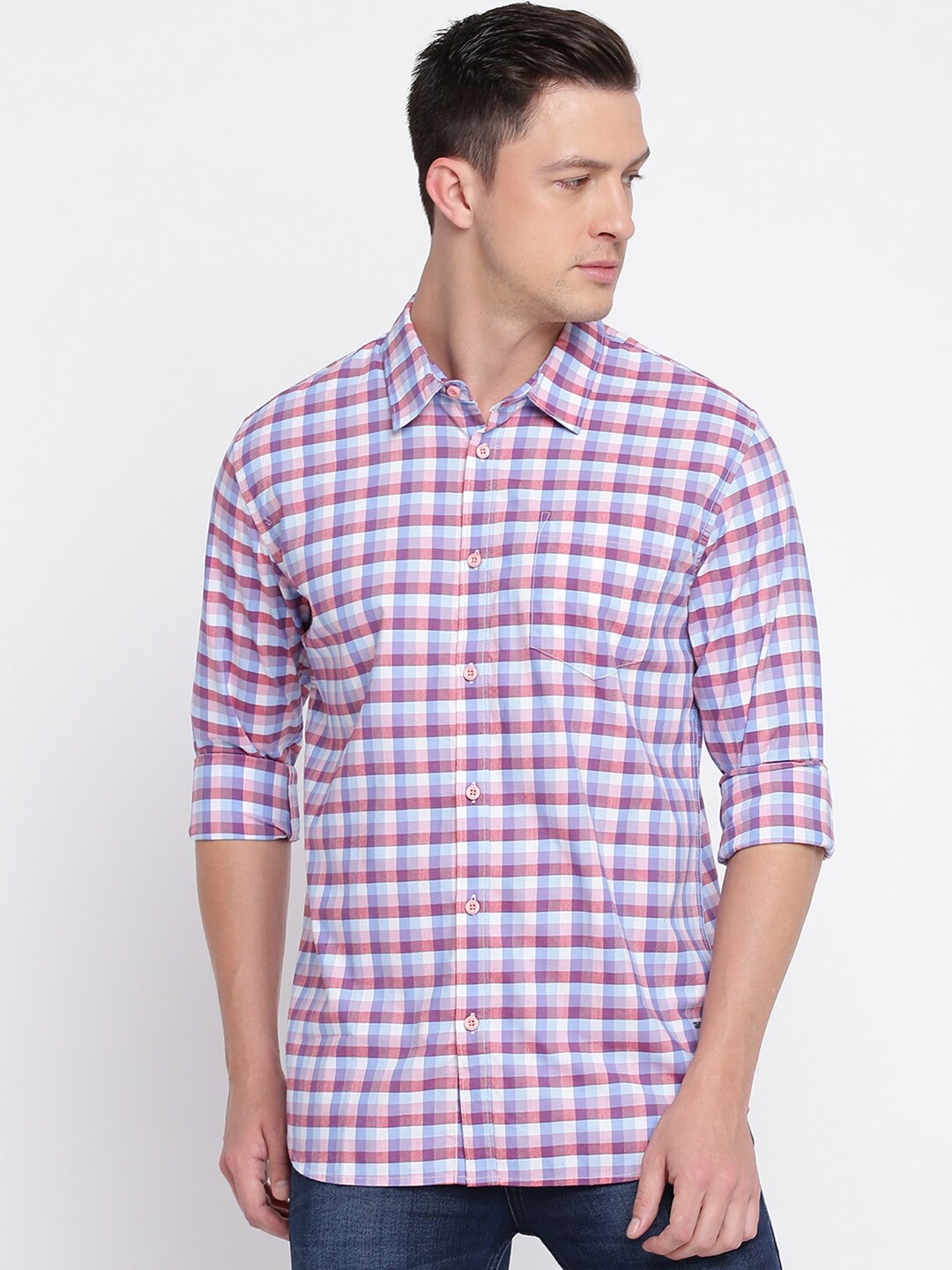 

abof Men Pink Slim Fit Gingham Checks Checked Casual Shirt