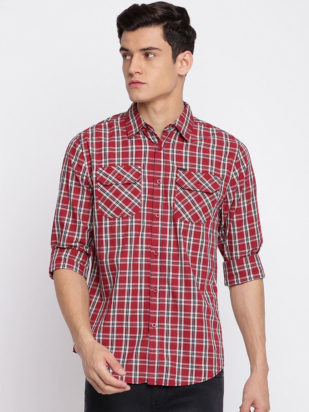 

abof Men Red Slim Fit Tartan Checks Checked Casual Shirt