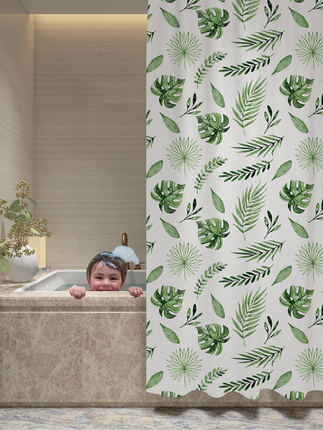 

YK Kids Tropical Printed Washable Bathroom Shower Curtain with Hooks, Green