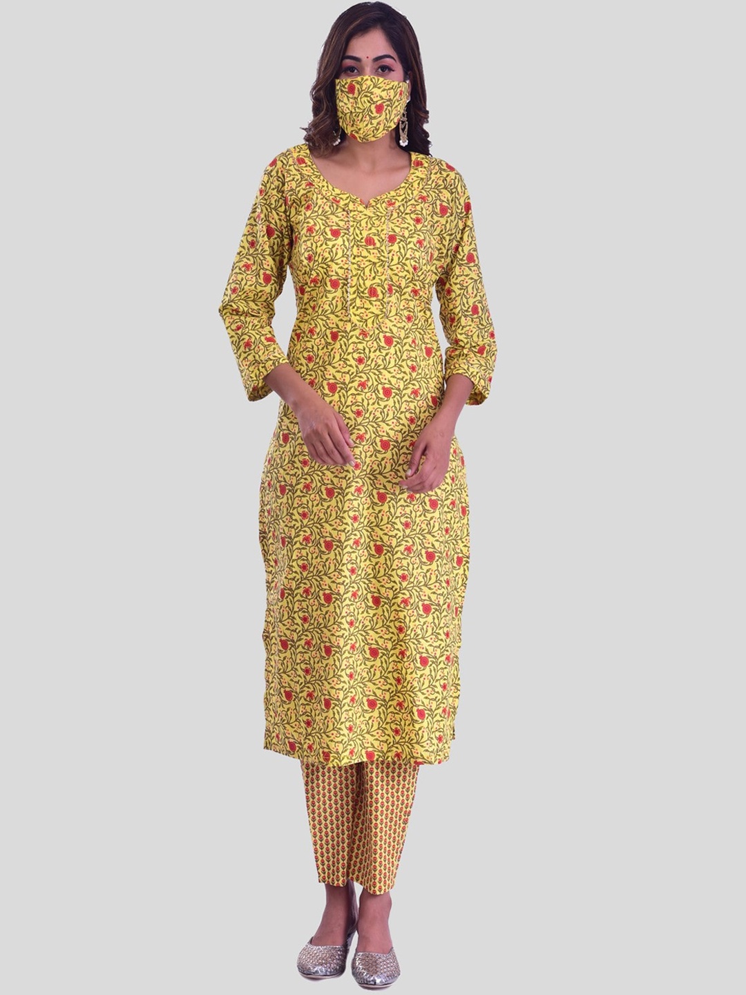 

Mishpra Women Floral Pure Cotton Kurta with Trousers, Yellow