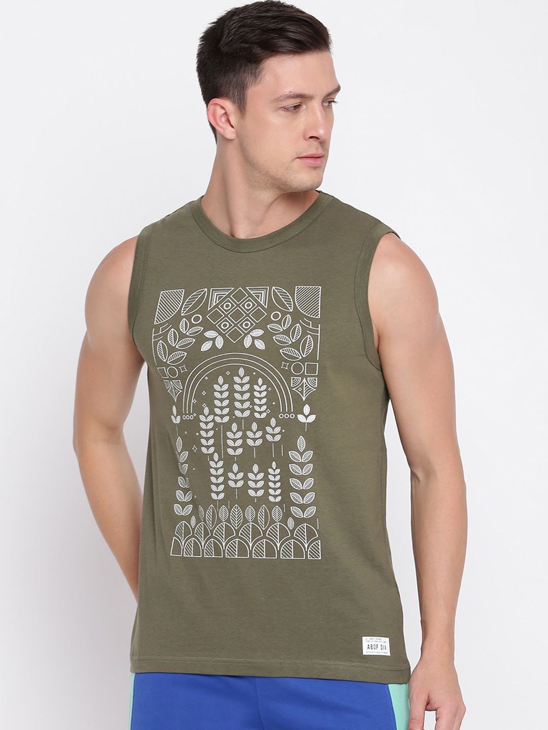 

abof Men Olive Green Printed Cotton Innerwear Vest