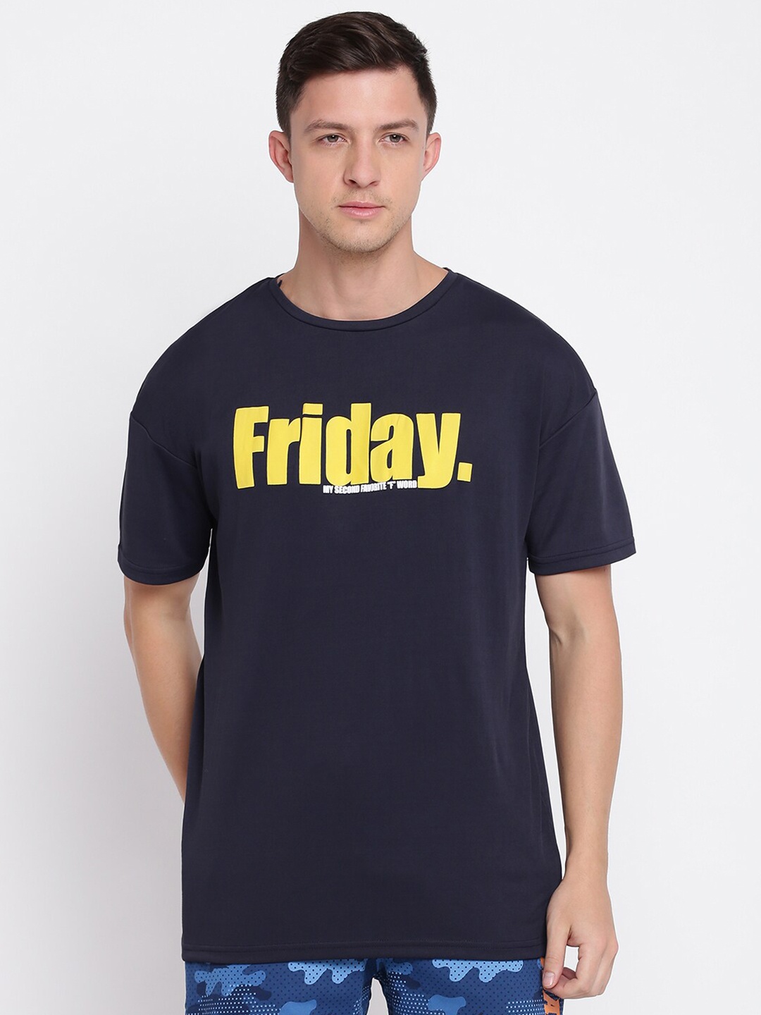 abof Men Navy Blue & Yellow Typography Printed T-shirt