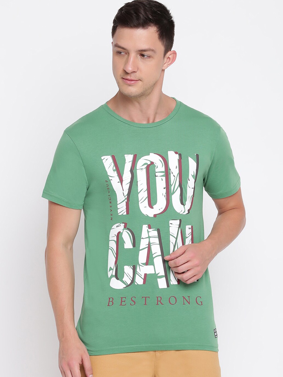 

abof Men Green & White Typography Printed T-shirt