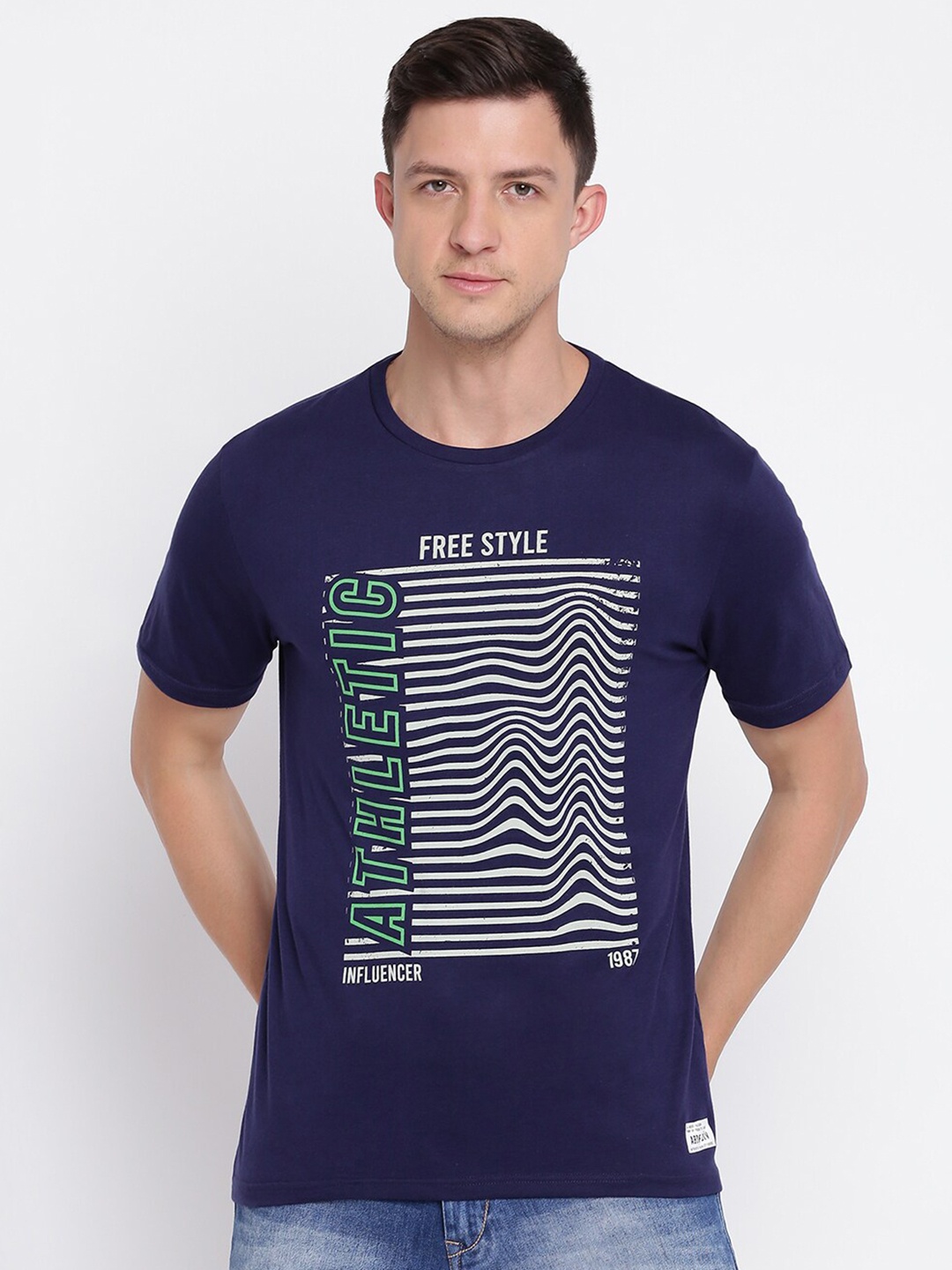 

abof Men Navy Blue Typography Printed Slim Fit T-shirt