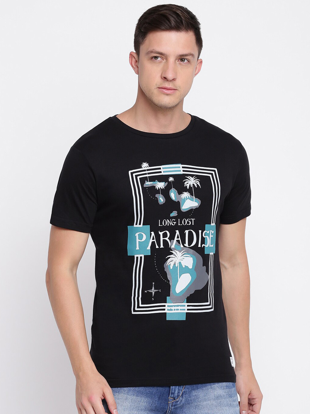 

abof Men Black Printed T-shirt