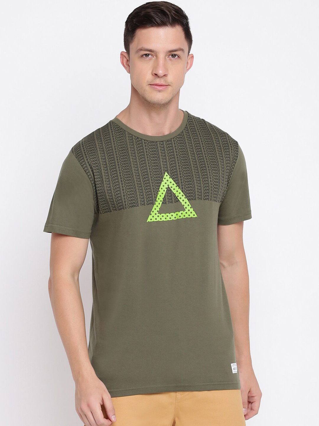 

abof Men Olive Green Printed Pure Cotton T-shirt