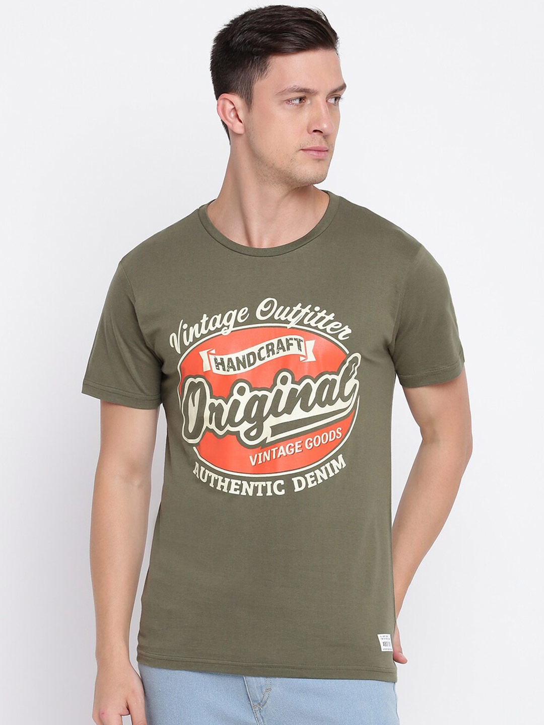 

abof Men Olive Green Typography Printed Pure Cotton T-shirt