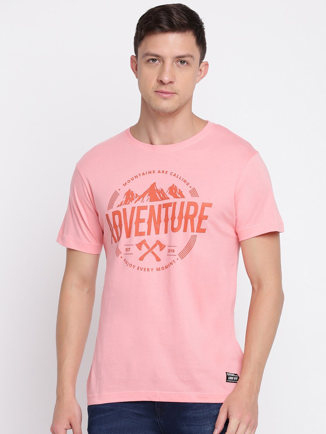 

abof Men Pink & Orange Typography Printed T-shirt