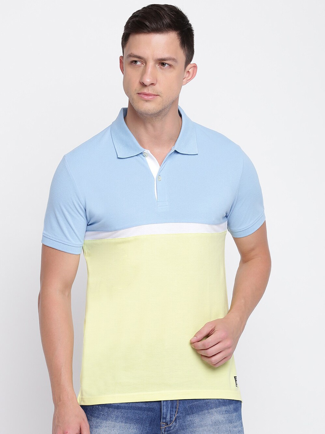 

abof Men Blue & Yellow Colourblocked Polo Collar T-shirt