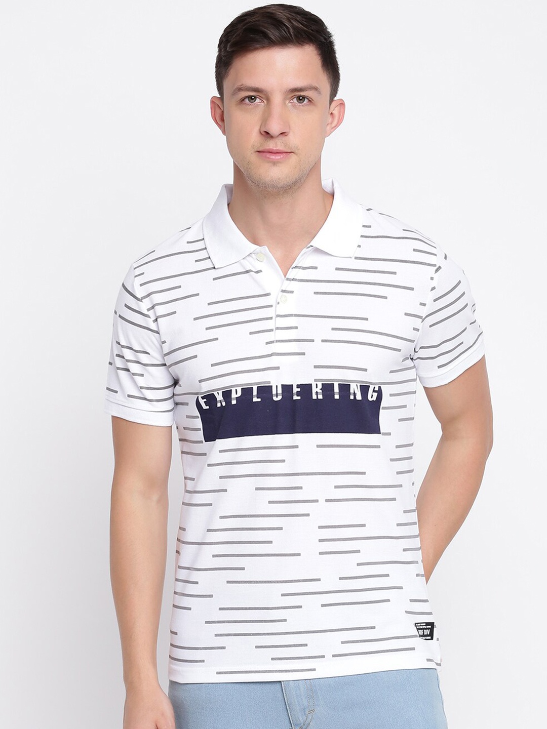 

abof Men White & Grey Printed Polo Collar T-shirt