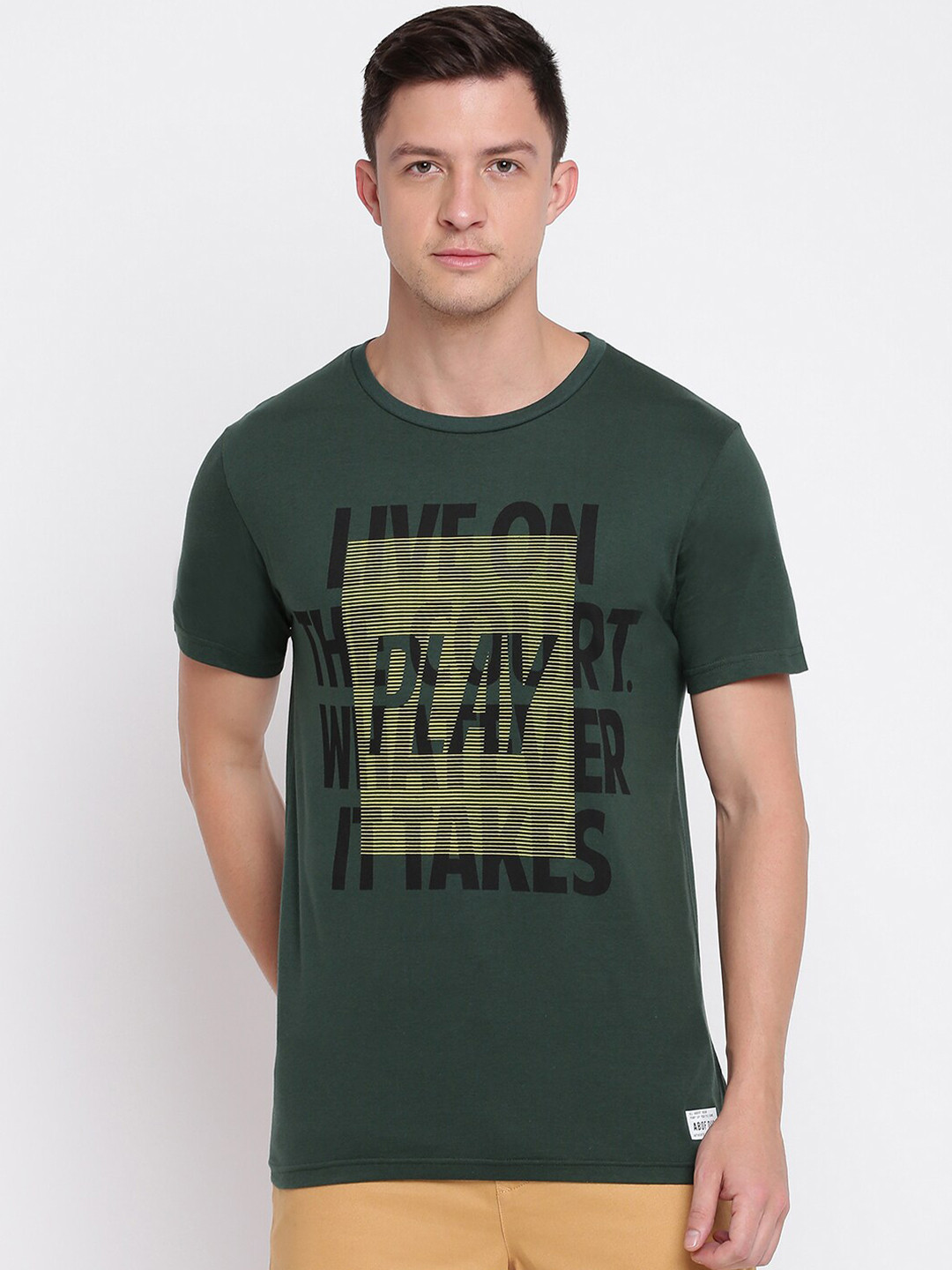 

abof Men Olive Green & Black Typography Printed Pure Cotton T-shirt
