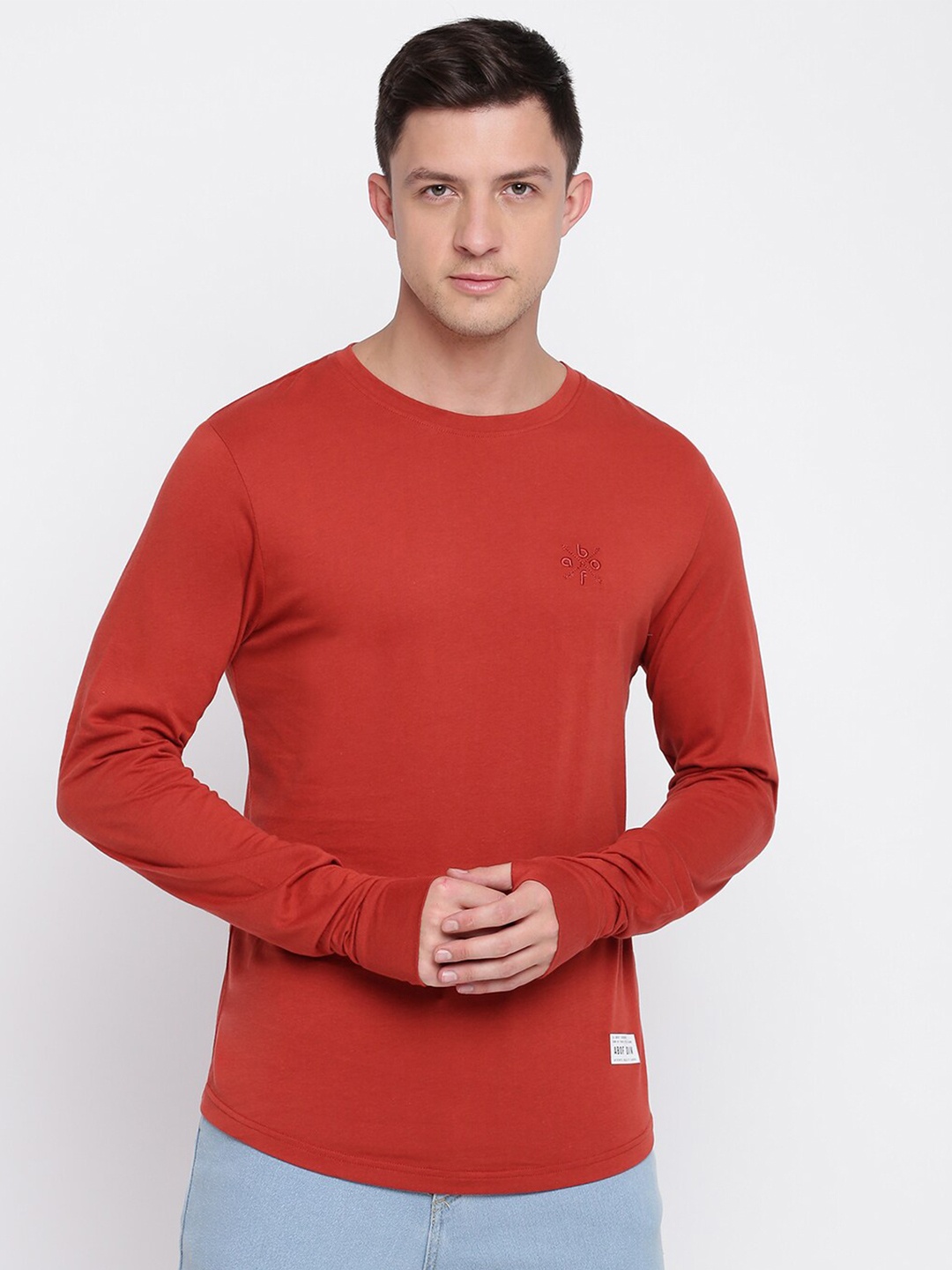 

abof Men Red Pure Cotton Long Sleeves Cotton T-shirt