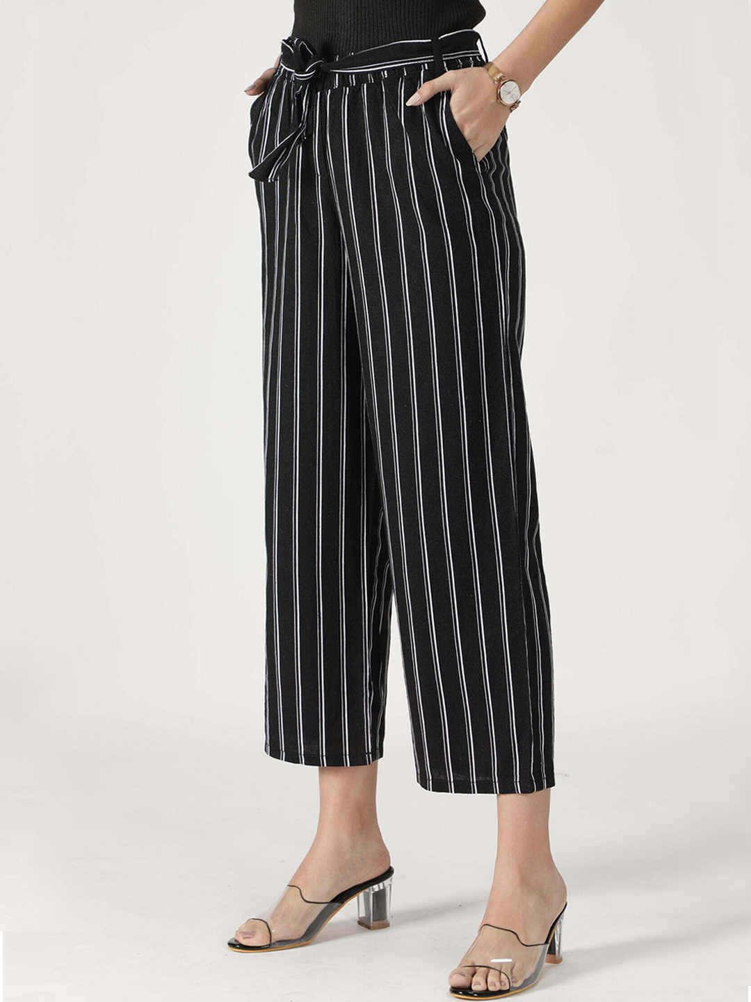 

TheBlackLover Women Black Striped Culottes Trousers